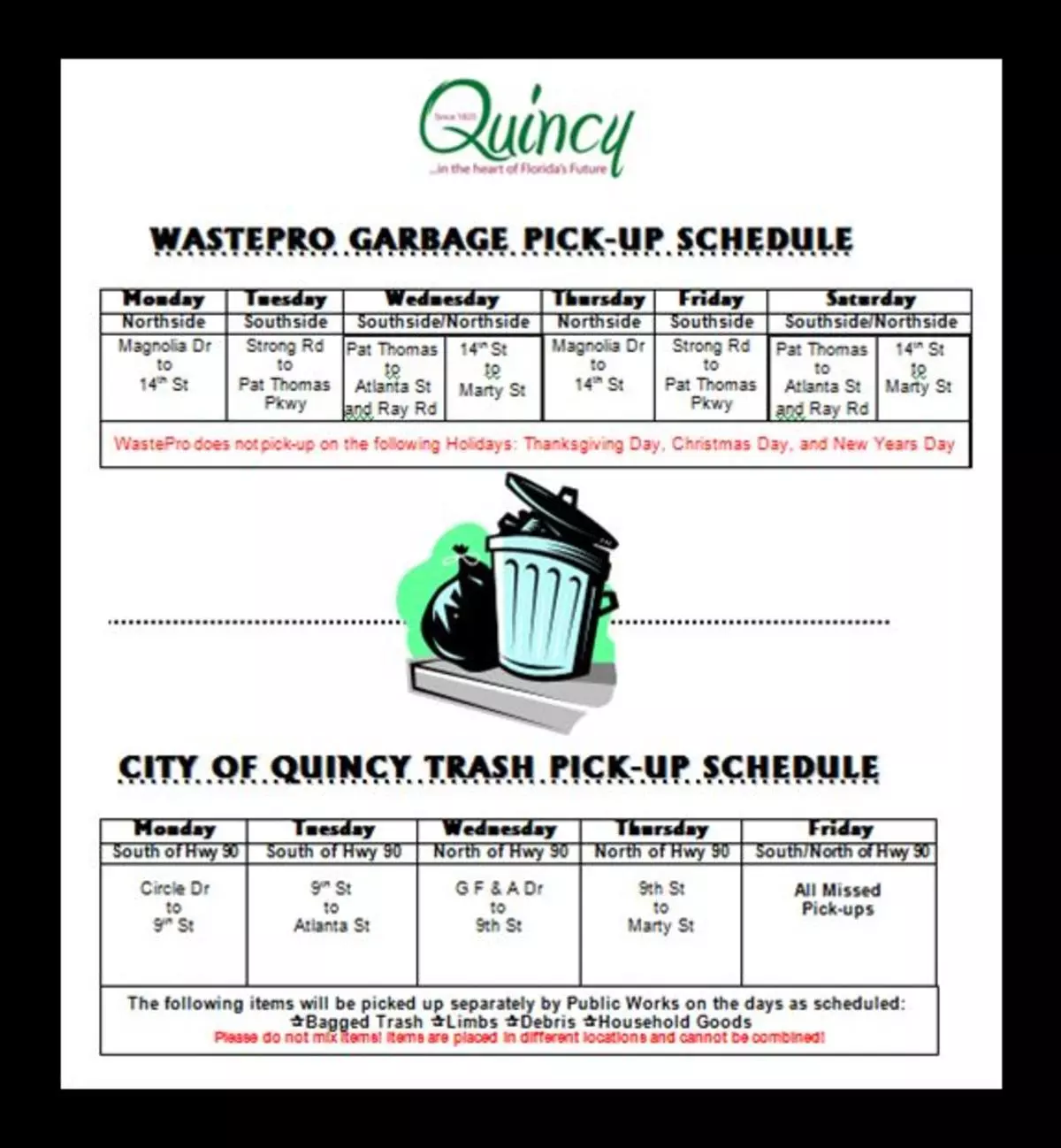 Wastepro Garbage pickup schedule