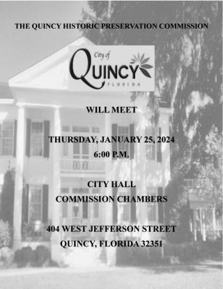 Quincy Historic Preservation Commission Thursday, January 25, 2024 at 6:00 P.M.