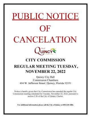 Notice of Cancellation Regular Commission Meeting Nov 22, 2022
