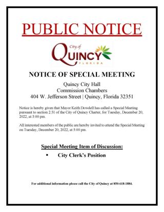 NOTICE OF SPECIAL MEETING December 20, 2022, at 5:00 pm