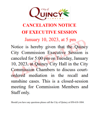 Cancelation Notice of Executive Session January 10, 2023, at 5 pm