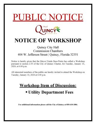 NOTICE OF WORKSHOP Utility Department Fees