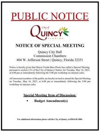 NOTICE OF SPECIAL MEETING MAY 16. 2023 at 6:00 pm