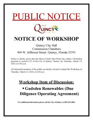 NOTICE OF WORKSHOP Thursday, March 14, 2024, at 6:00 p.m.