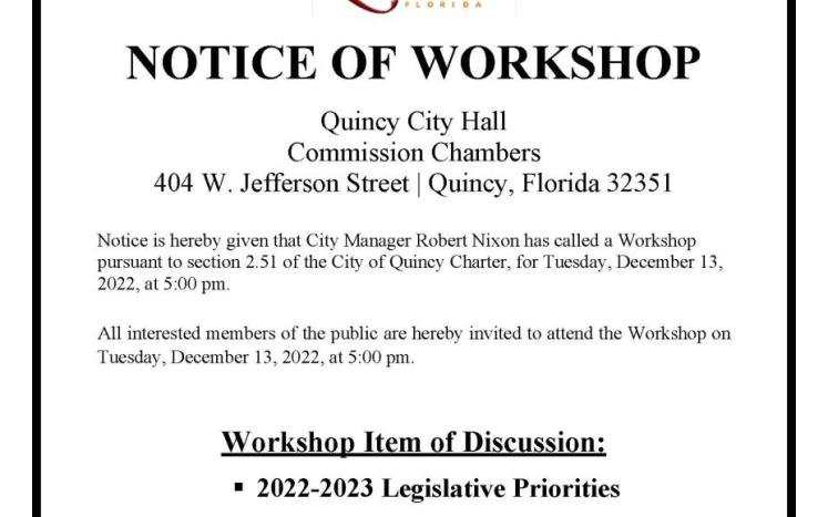 Notice of Workshop December 13, 2022
