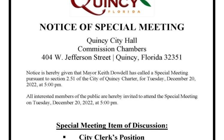 NOTICE OF SPECIAL MEETING December 20, 2022, at 5:00 pm