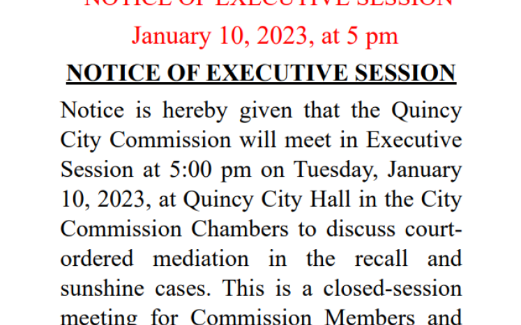 NOTICE OF EXECUTIVE SESSION January 10, 2023, at 5 pm