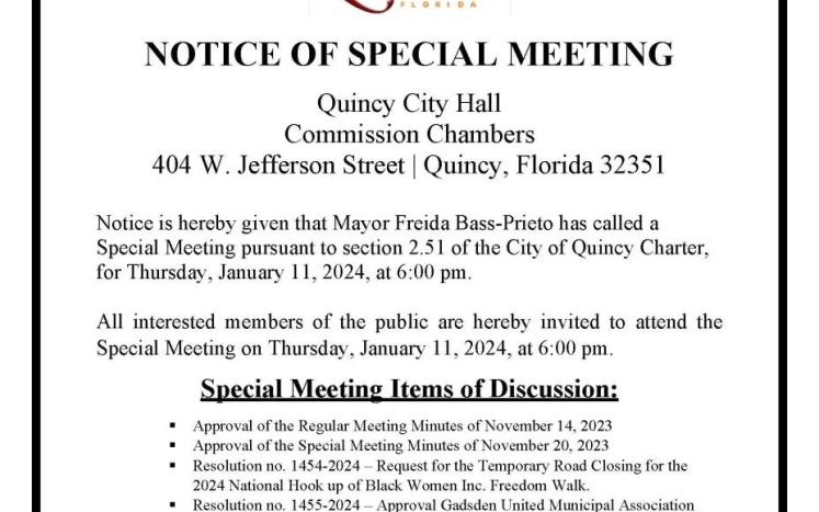NOTICE OF SPECIAL MEETING JANUARY 11, 2024