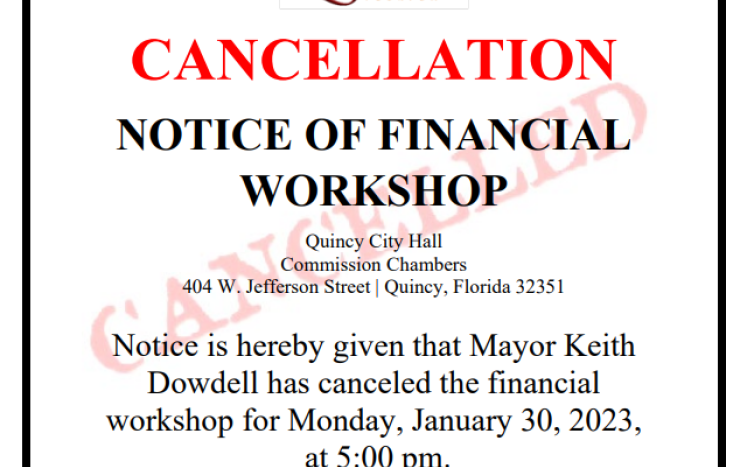 Cancellation Notice of Workshop - Financial January 30, 2023