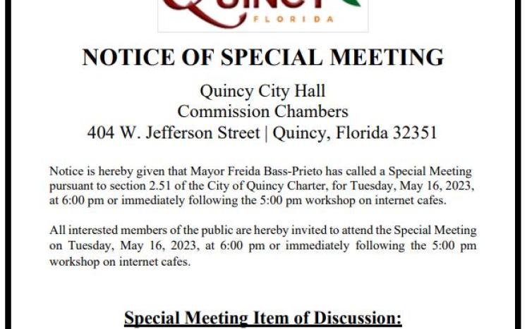 NOTICE OF SPECIAL MEETING MAY 16. 2023 at 6:00 pm