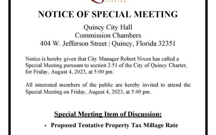 NOTICE OF SPECIAL MEETING Friday, August 4, 2023, at 5:00 pm