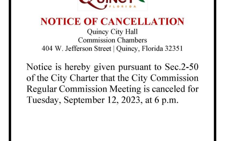 NOTICE OF CANCELLATION Tuesday, September 12, 2023