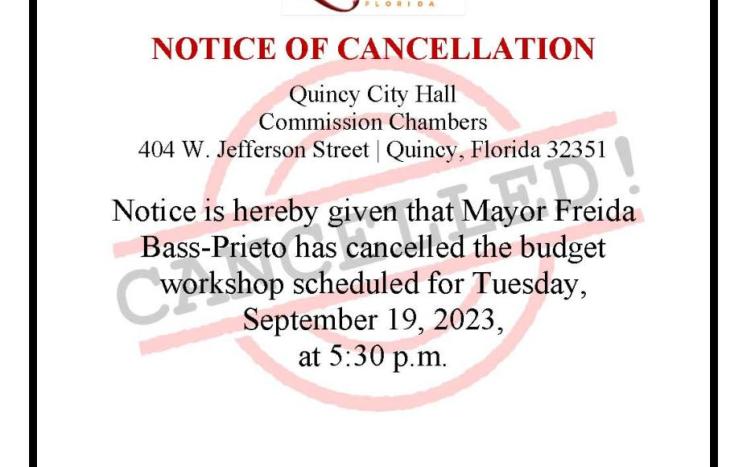 NOTICE OF CANCELLATION Budget Workshop Scheduled for Tuesday, September 19, 2023