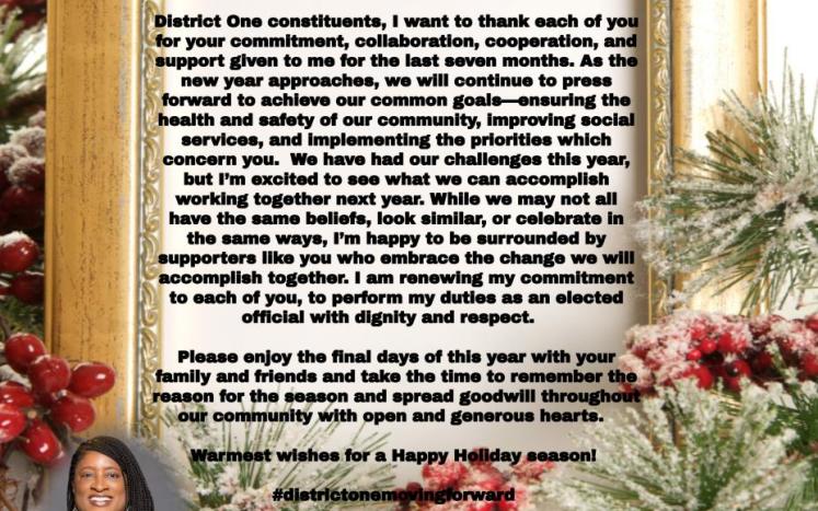 District 1 Holiday Message Commissioner Dr. Robin Wood