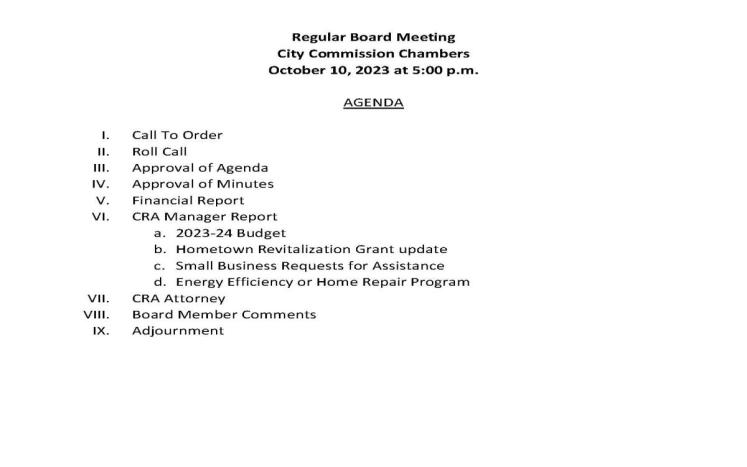 Quincy CRA Regular Board Meeting October 10, 2023
